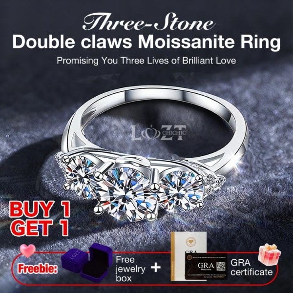 Three-Stone Double claws Moissanite Ring Three-Stone Double claws Moissanite Ring