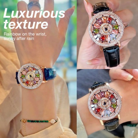Womens Rotating Dial Watch with Colored Simulated Diamonds