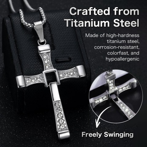 Titanium steel and zircon cross necklace