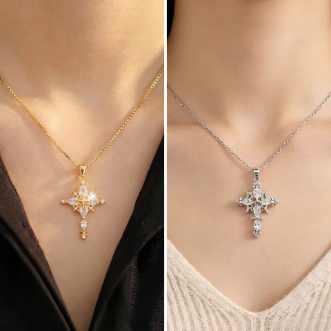 Gold Petal Cross Zirconia Inlay Necklace