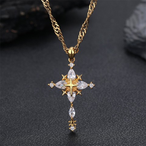Gold Petal Cross Zirconia Inlay Necklace
