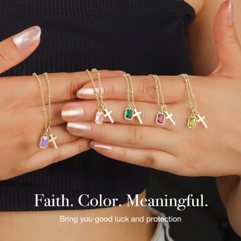 14K Gold plated Cross Birthstone Necklace