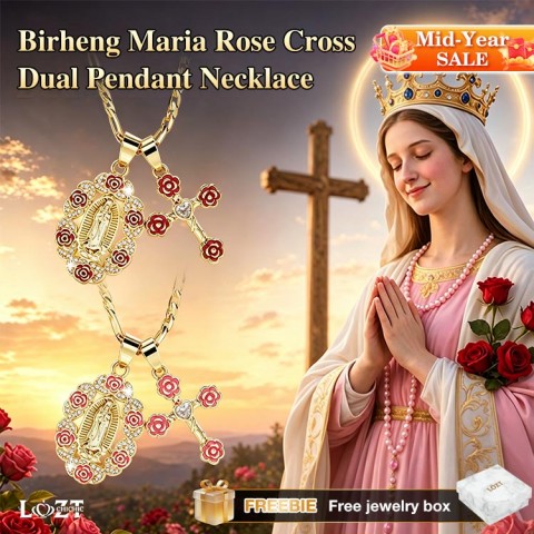 Birheng Maria Rose Cross Dual Pendant Necklace