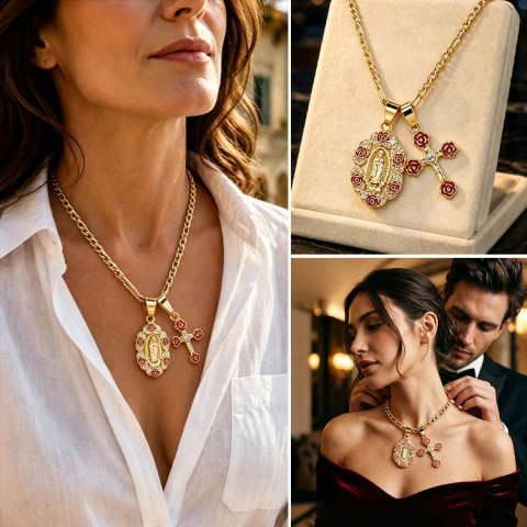 Birheng Maria Rose Cross Dual Pendant Necklace