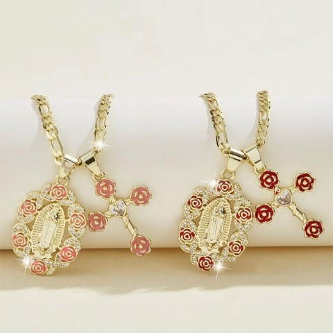 Birheng Maria Rose Cross Dual Pendant Necklace