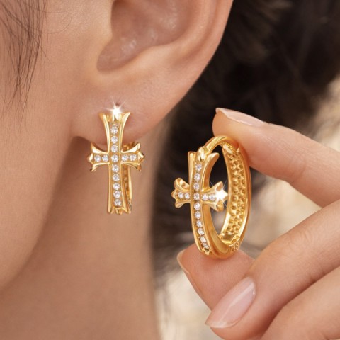 Cross Hoop Zircon Earrings