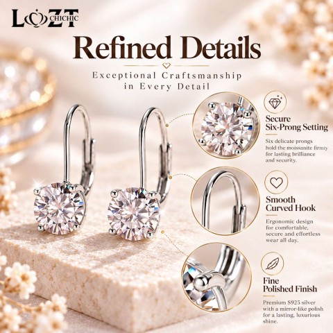 S925 Silver Classic Six-Prong Moissanite Huggie Earrings