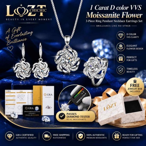 1 Carat D color VVS Moissanite Flower 3-Piece Ring Pendant Necklace Earrings Set