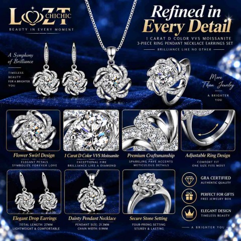 1 Carat D color VVS Moissanite Flower 3-Piece Ring Pendant Necklace Earrings Set