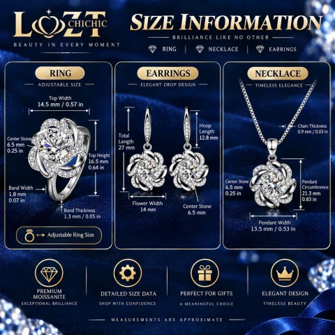 1 Carat D color VVS Moissanite Flower 3-Piece Ring Pendant Necklace Earrings Set
