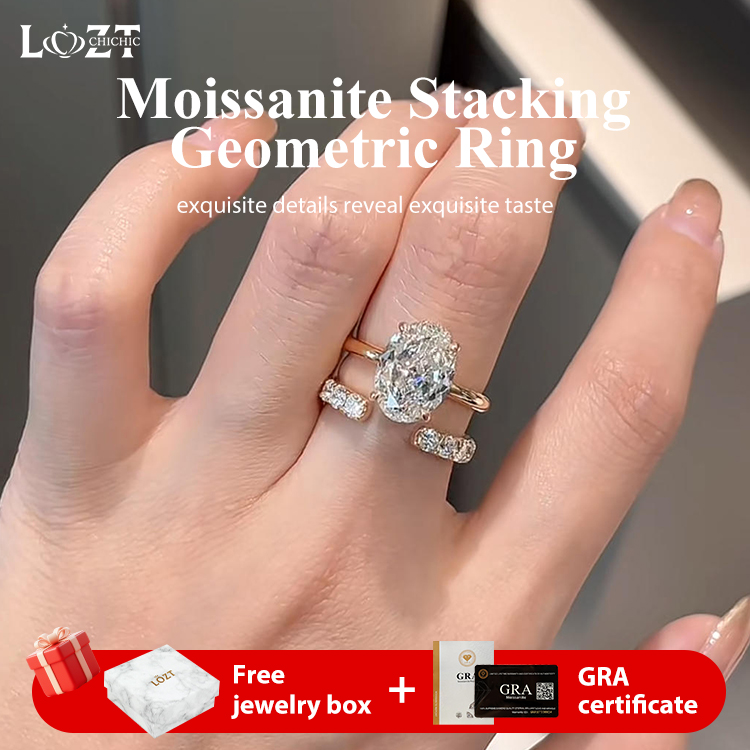 Halloween Sale - Moissanite Stacking Geometric Ring - GRA certified - Comes with a custom jewelry box