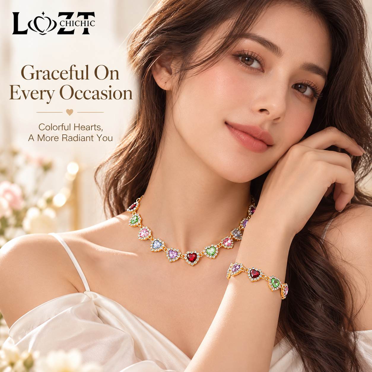Ber Months Sale to Get a Free Custom Jewelry Box as a Gift‑ French‑style Diamond‑encrusted Colorful Heart Set‑ Grab Sparkly Elegance, Eye‑Catching Glam Jewelry Set