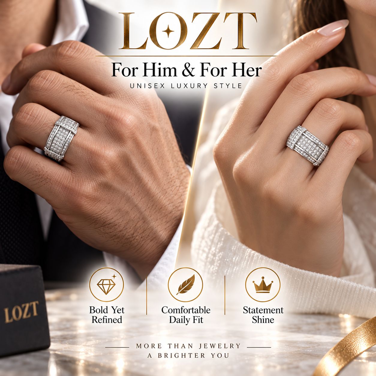 Christmas Sale -LOZT 14K Gold-Plated VVS Synthetic Moissanite Ring - Free Luxury Jewelry Box