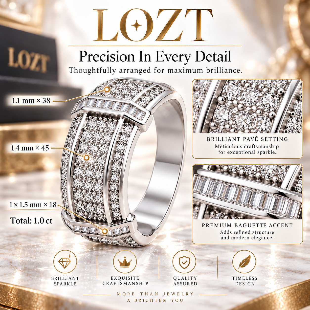 Christmas Sale -LOZT 14K Gold-Plated VVS Synthetic Moissanite Ring - Free Luxury Jewelry Box